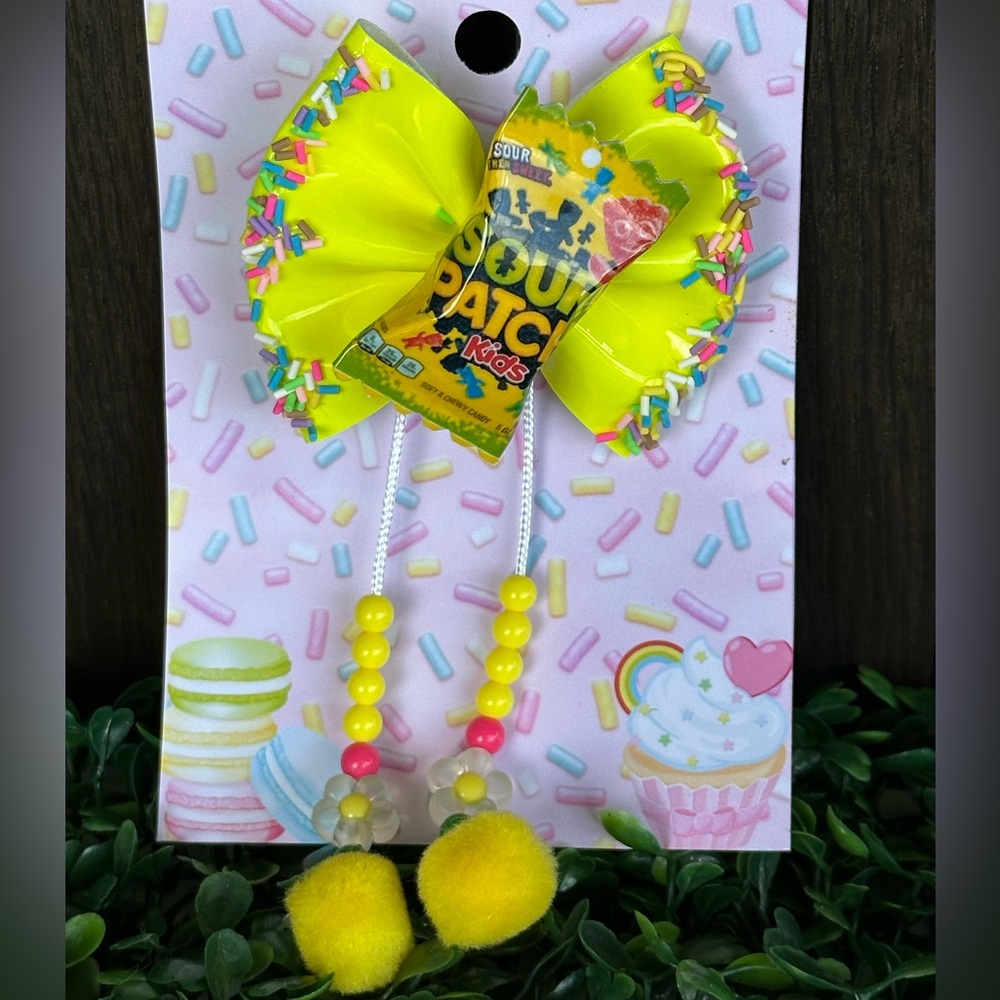 Sour Patch Kids Yellow Hair Bow with Pom Poms